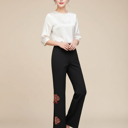 Pantalon Chinois Femme Noir Droit - Polyester