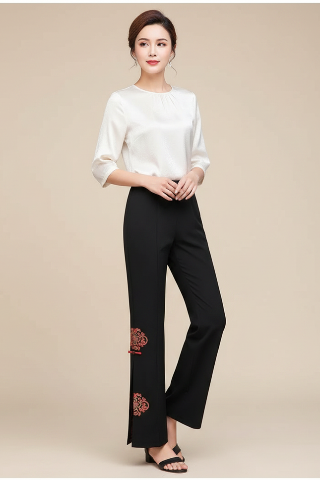 Pantalon Chinois Femme Noir Droit - Polyester