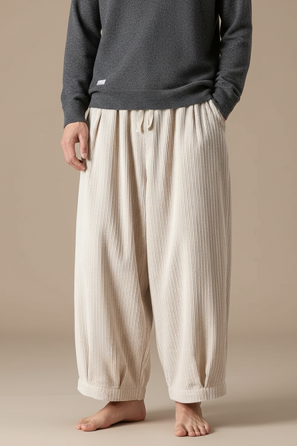 Pantalon Chinois Côtelé Beige Ample Décontracté Homme - Cordé