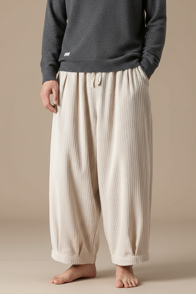 Pantalon Chinois Côtelé Beige Ample Décontracté Homme - Cordé