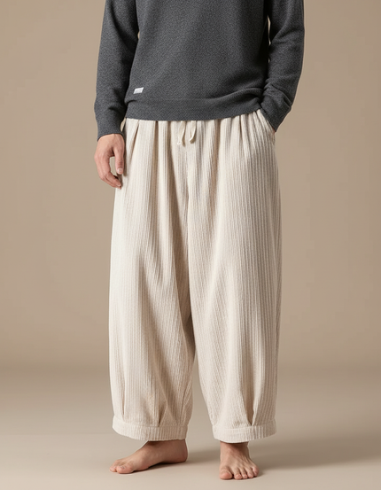Pantalon Chinois Côtelé Beige Ample Décontracté Homme - Cordé