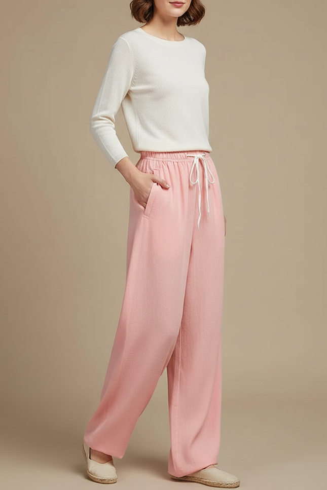 Pantalon Chinois Rose Ample Lin Décontracté Cordon
