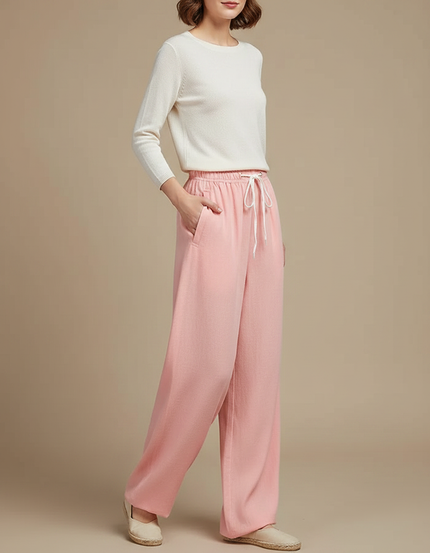 Pantalon Chinois Rose Ample Lin Décontracté Cordon
