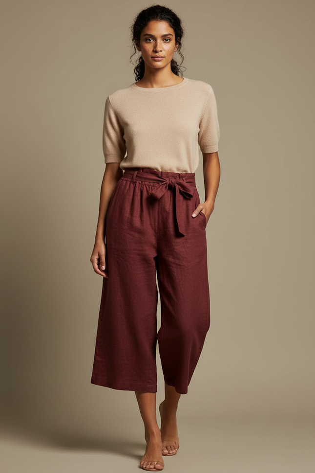Pantalon Chinois Lin Ample Bordeaux Taille Haute Fluide