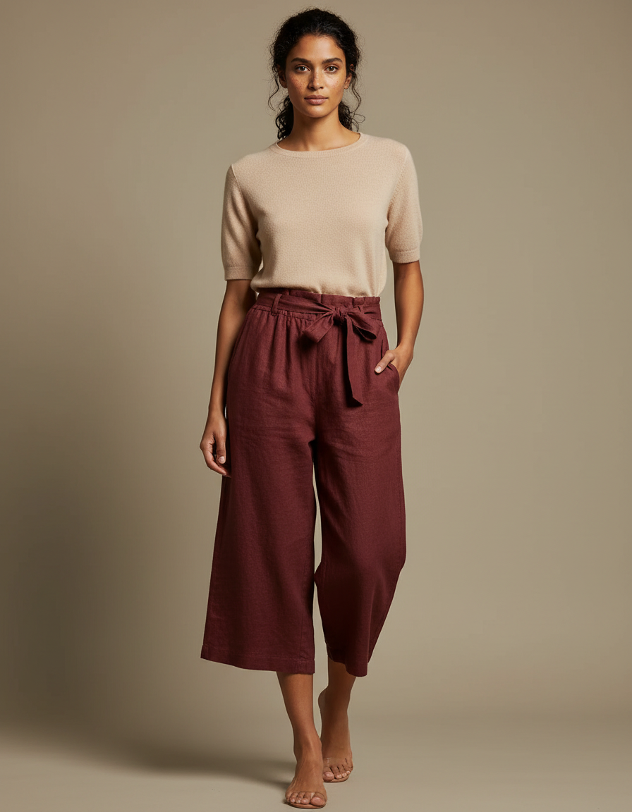 Pantalon Chinois Lin Ample Bordeaux Taille Haute Fluide