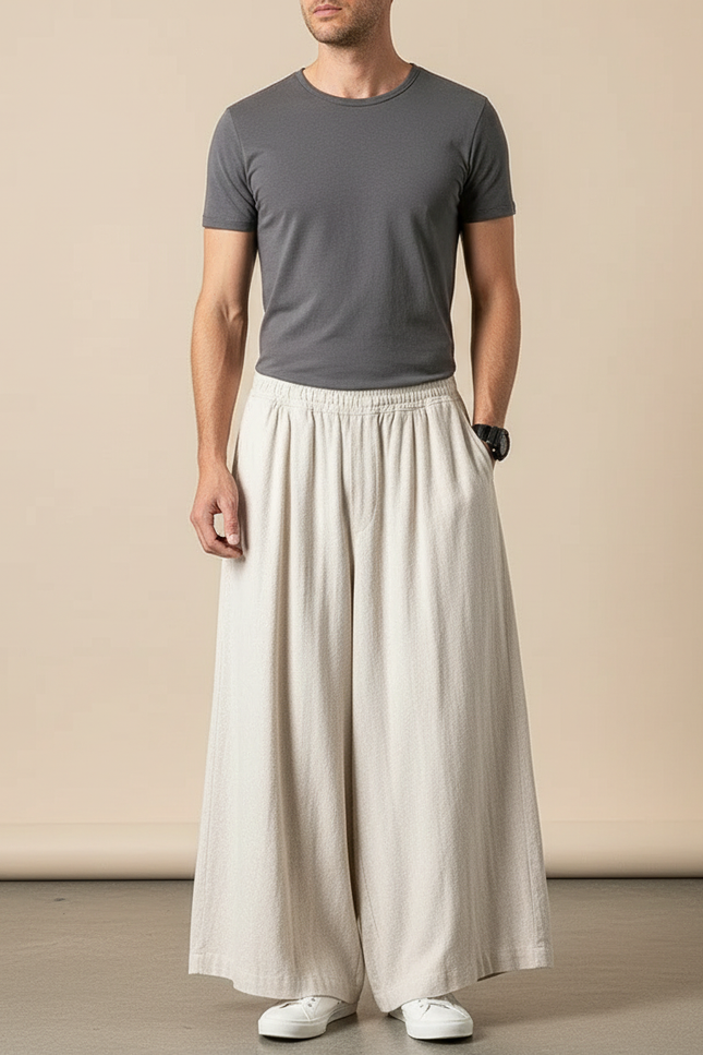 Pantalon Chinois Ample Lin Coton Beige Homme