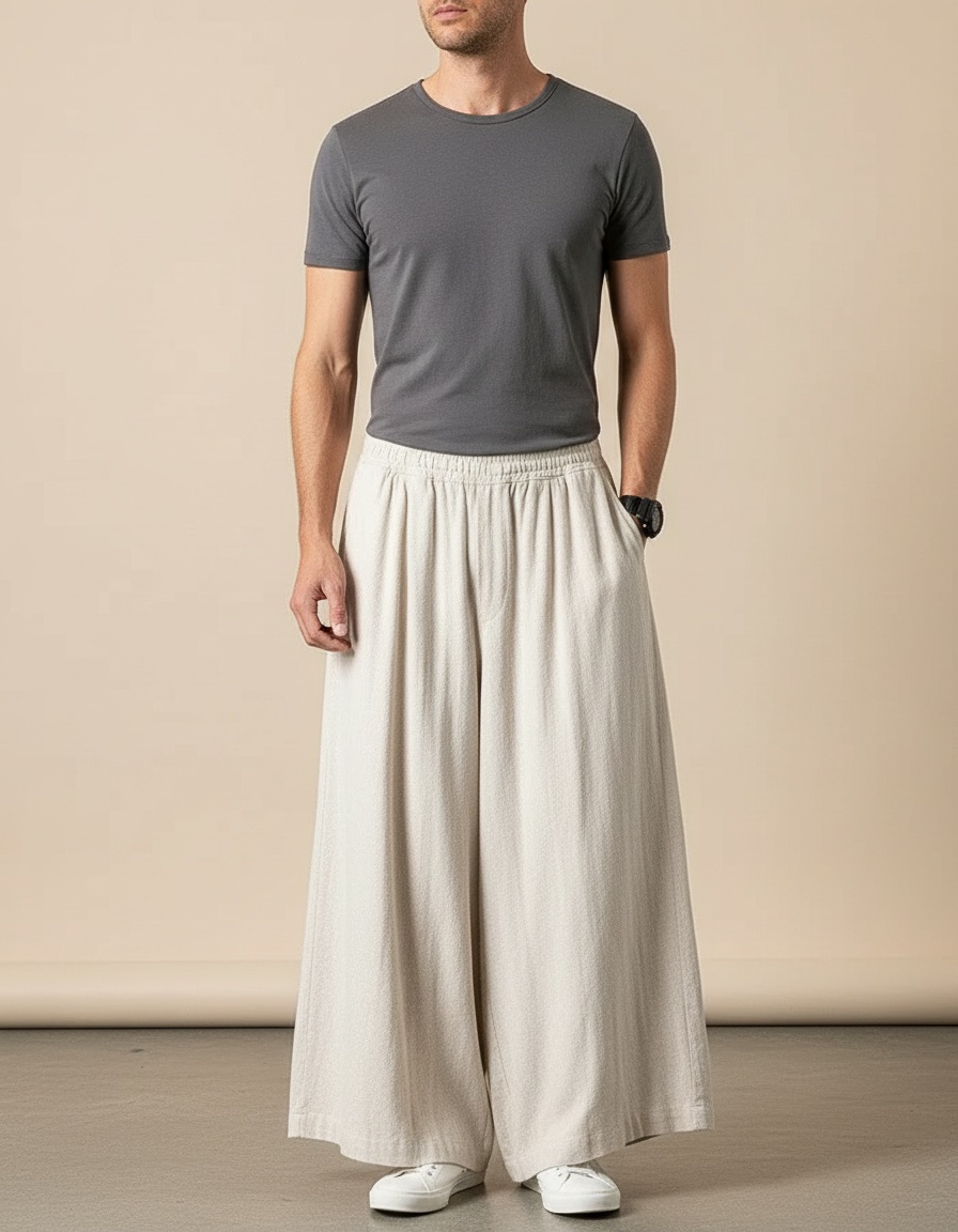 Pantalon Chinois Ample Lin Coton Beige Homme