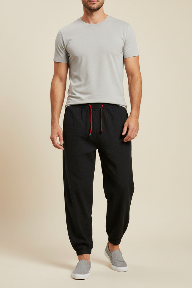 Pantalon Chinois Noir Ample Coton Lin Jogging