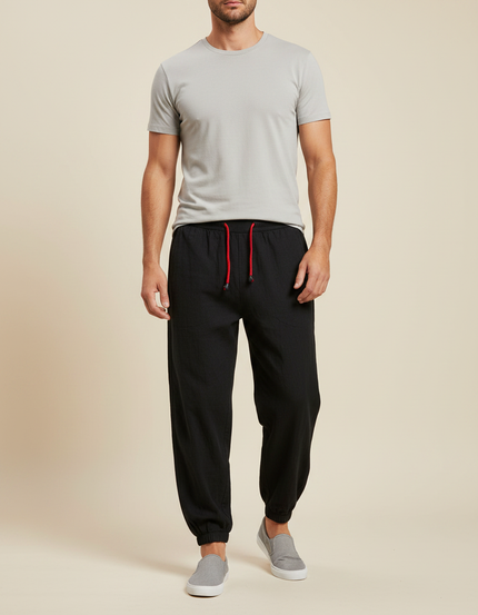 Pantalon Chinois Noir Ample Coton Lin Jogging