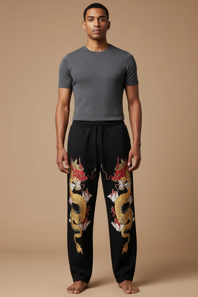 Pantalon Chinois Noir Dragon Doré Ample Décontracté - Molleton