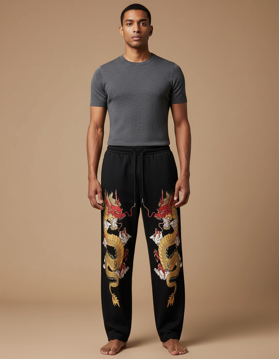 Pantalon Chinois Noir Dragon Doré Ample Décontracté - Molleton