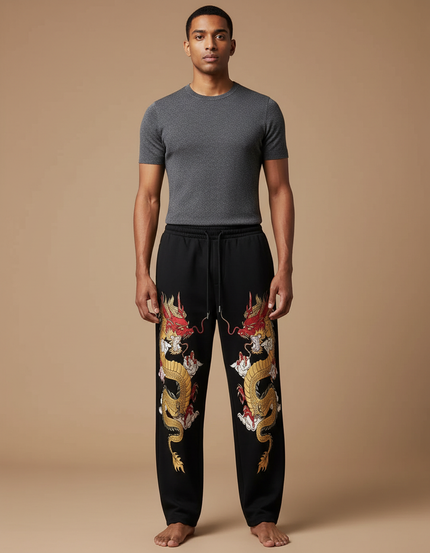 Pantalon Chinois Noir Dragon Doré Ample Décontracté - Molleton