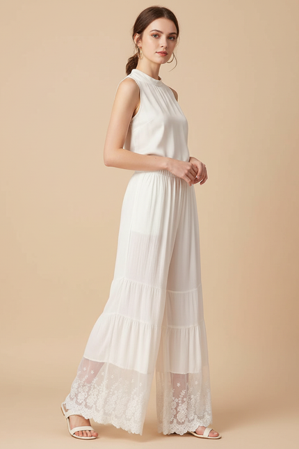 Pantalon Chinois Blanc Ample Fluide Brodé Dentelle - Lin