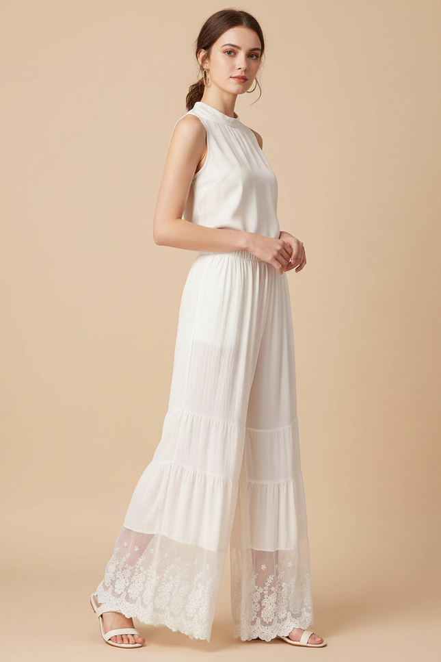 Pantalon Chinois Blanc Ample Fluide Brodé Dentelle - Lin