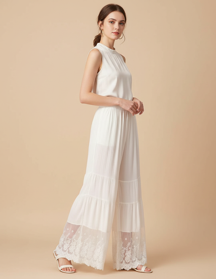 Pantalon Chinois Blanc Ample Fluide Brodé Dentelle - Lin