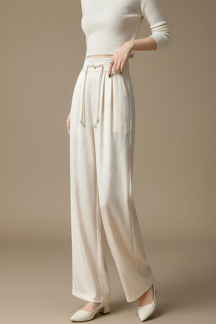 Pantalon Chinois Satiné Jacquard Ample Écru Décontracté - Beige