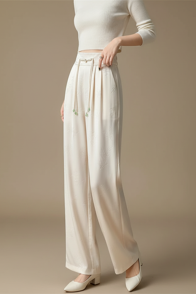 Pantalon Chinois Satiné Jacquard Ample Écru Décontracté - Beige
