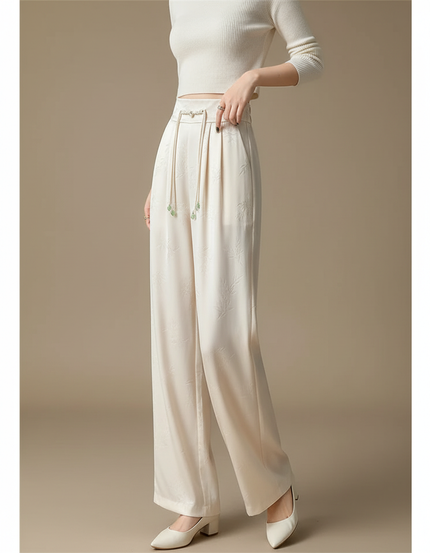 Pantalon Chinois Satiné Jacquard Ample Écru Décontracté - Beige