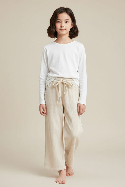 Pantalon Chinois Beige Côtelé Ample Décontracté Fille - Cordé