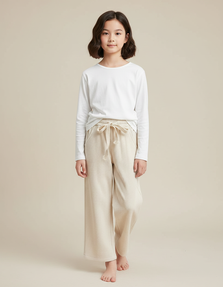 Pantalon Chinois Beige Côtelé Ample Décontracté Fille - Cordé
