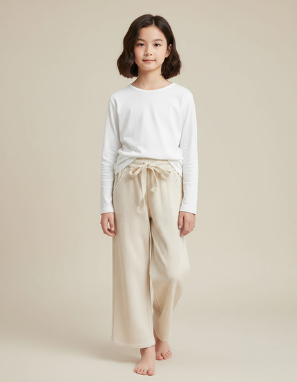 Pantalon Chinois Beige Côtelé Ample Décontracté Fille - Cordé