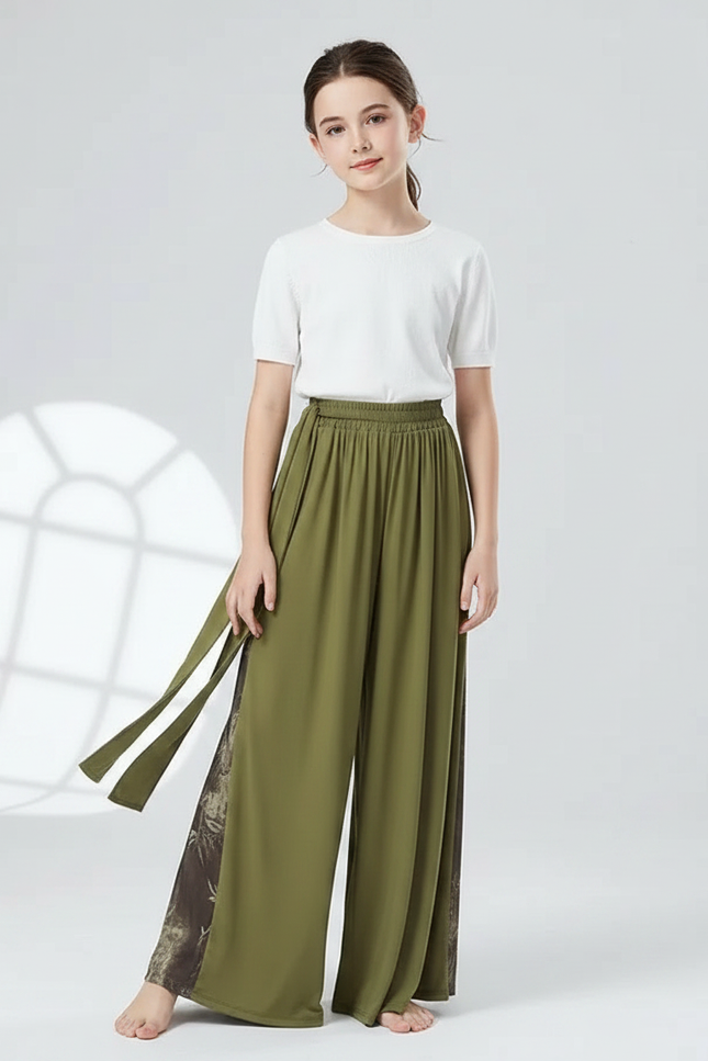 Pantalon Chinois Vert Ample Fendu Imprimé Fluide Fille - Kaki Viscose