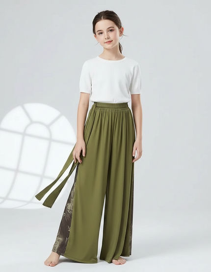 Pantalon Chinois Vert Ample Fendu Imprimé Fluide Fille - Kaki Viscose