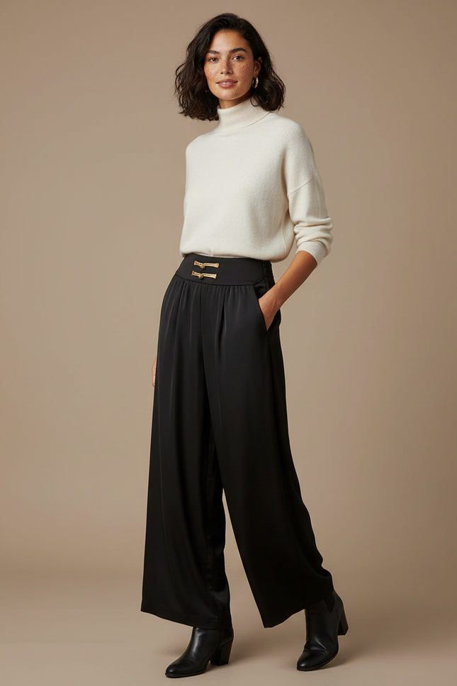 Pantalon Chinois Noir Ample Satiné Élégant Boucle Dorée