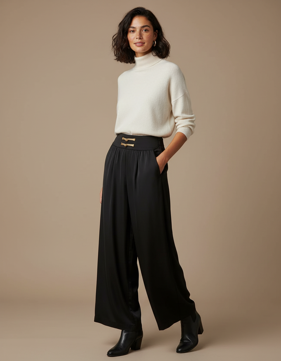 Pantalon Chinois Noir Ample Satiné Élégant Boucle Dorée