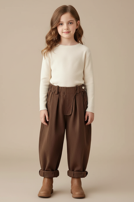 Pantalon Chinois Marron Ample Plissé Enfant - Laine