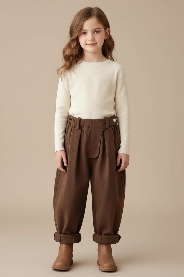 Pantalon Chinois Marron Ample Plissé Enfant - Laine