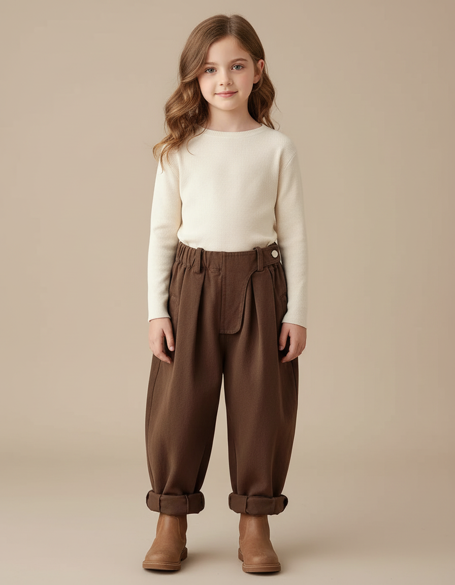 Pantalon Chinois Marron Ample Plissé Enfant - Laine