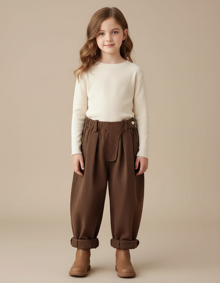 Pantalon Chinois Marron Ample Plissé Enfant - Laine