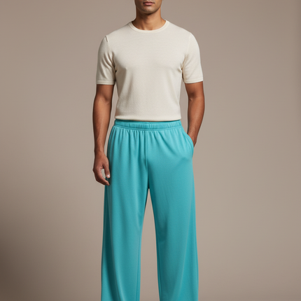 Pantalon Chinois Ample Fluide Turquoise Uni Unisexe - Bleu Polyester