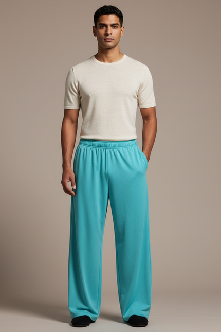 Pantalon Chinois Ample Fluide Turquoise Uni Unisexe - Bleu Polyester