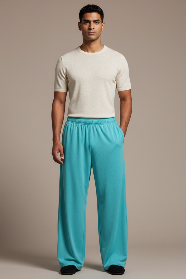 Pantalon Chinois Ample Fluide Turquoise Uni Unisexe - Bleu Polyester