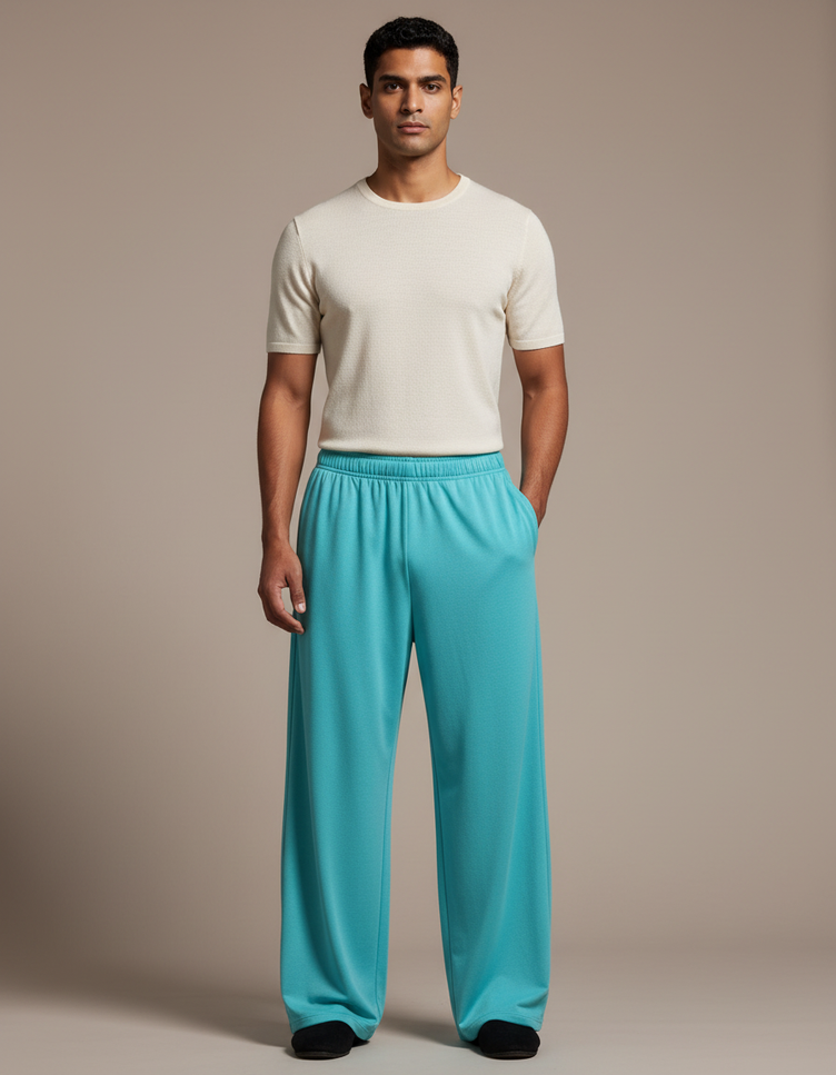 Pantalon Chinois Ample Fluide Turquoise Uni Unisexe - Bleu Polyester