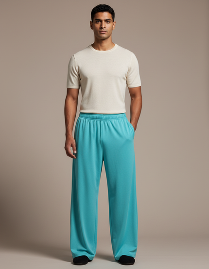 Pantalon Chinois Ample Fluide Turquoise Uni Unisexe - Bleu Polyester