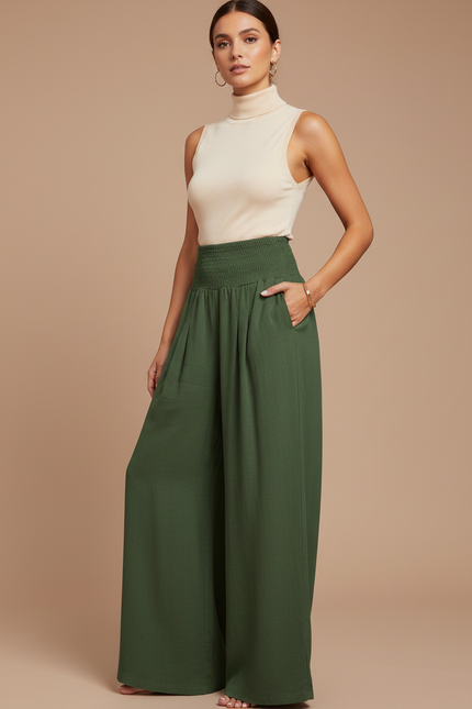 Pantalon Chinois Vert Ample Smocké Fluide Décontracté - Viscose