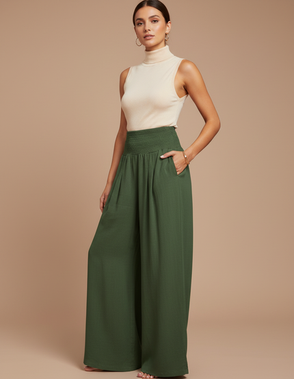Pantalon Chinois Vert Ample Smocké Fluide Décontracté - Viscose