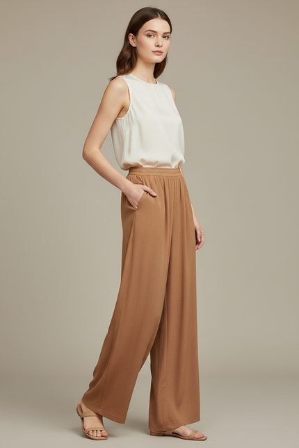 Pantalon Chinois Fluide Marron Ample Décontracté Élégant - Viscose