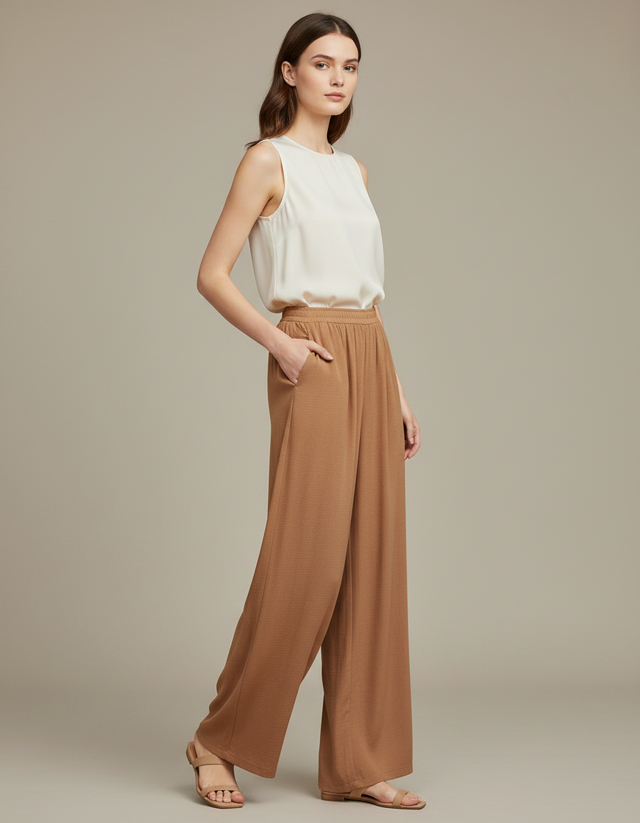 Pantalon Chinois Fluide Marron Ample Décontracté Élégant - Viscose