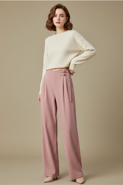 Pantalon Chinois Rose Plissé Ample Boutons Femme - Laine