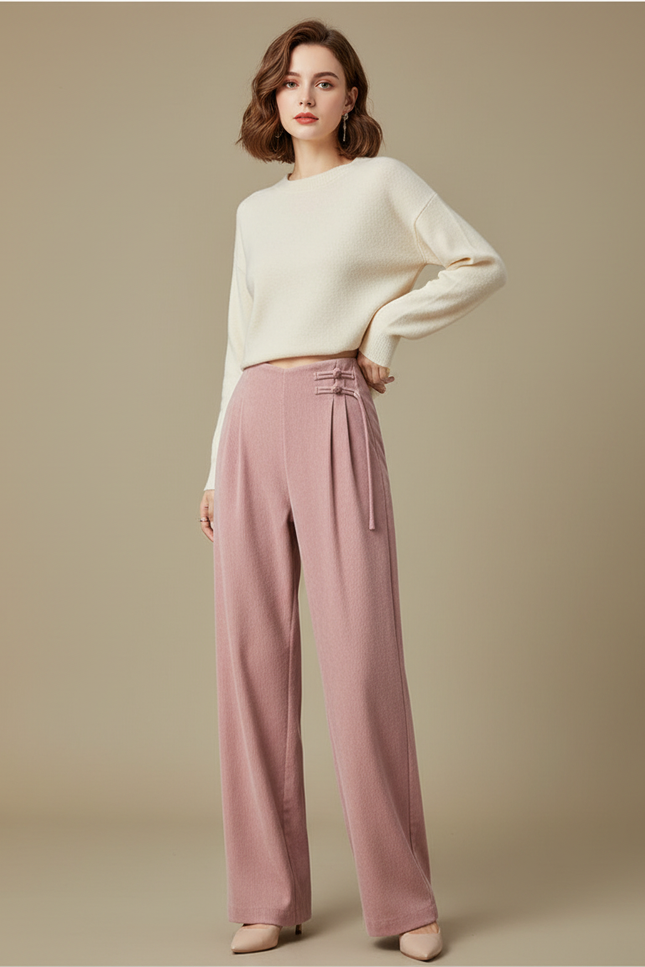 Pantalon Chinois Rose Plissé Ample Boutons Femme - Laine