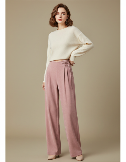 Pantalon Chinois Rose Plissé Ample Boutons Femme - Laine
