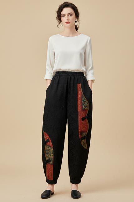 Pantalon Chinois Noir Velours Imprimé Floral Ample Femme