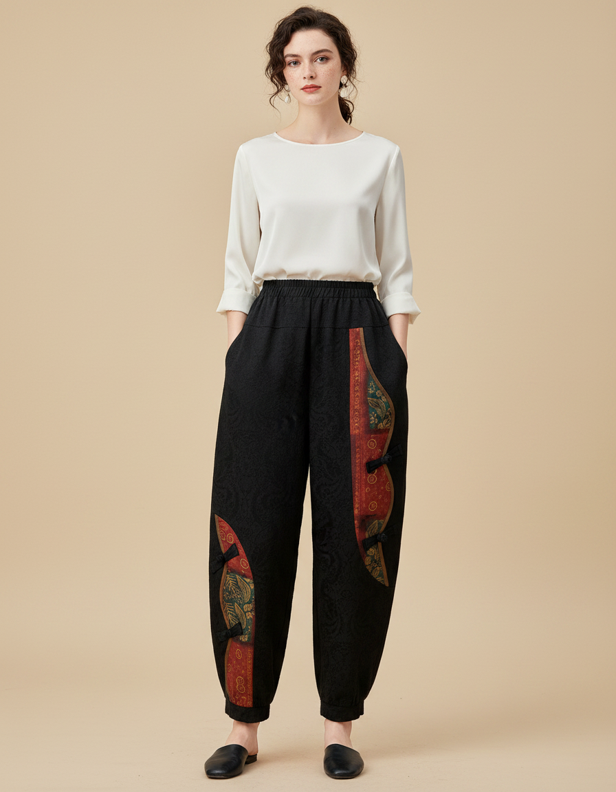 Pantalon Chinois Noir Velours Imprimé Floral Ample Femme