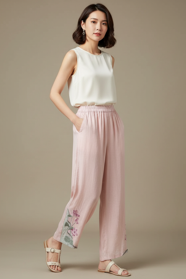 Pantalon Chinois Rose Brodé Lin Ample Fluide