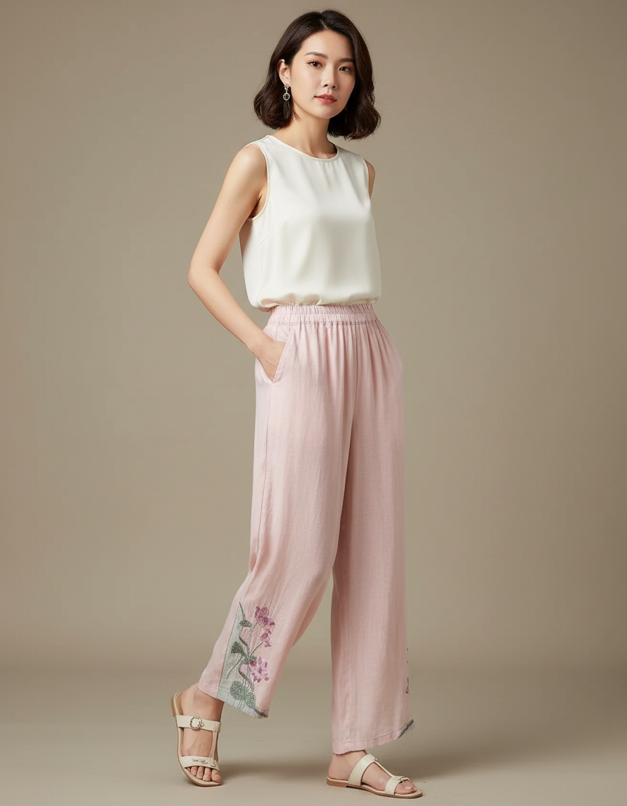 Pantalon Chinois Rose Brodé Lin Ample Fluide
