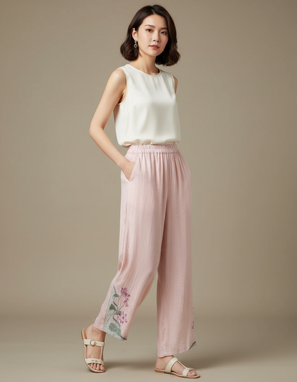 Pantalon Chinois Rose Brodé Lin Ample Fluide